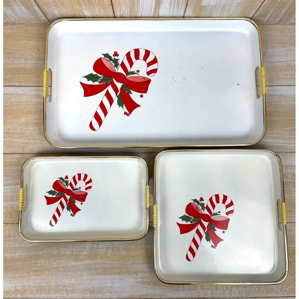 MCM Lacquerware Trays 3 pc Nesting Tray Set Christmas Candy Canes Japan Apex